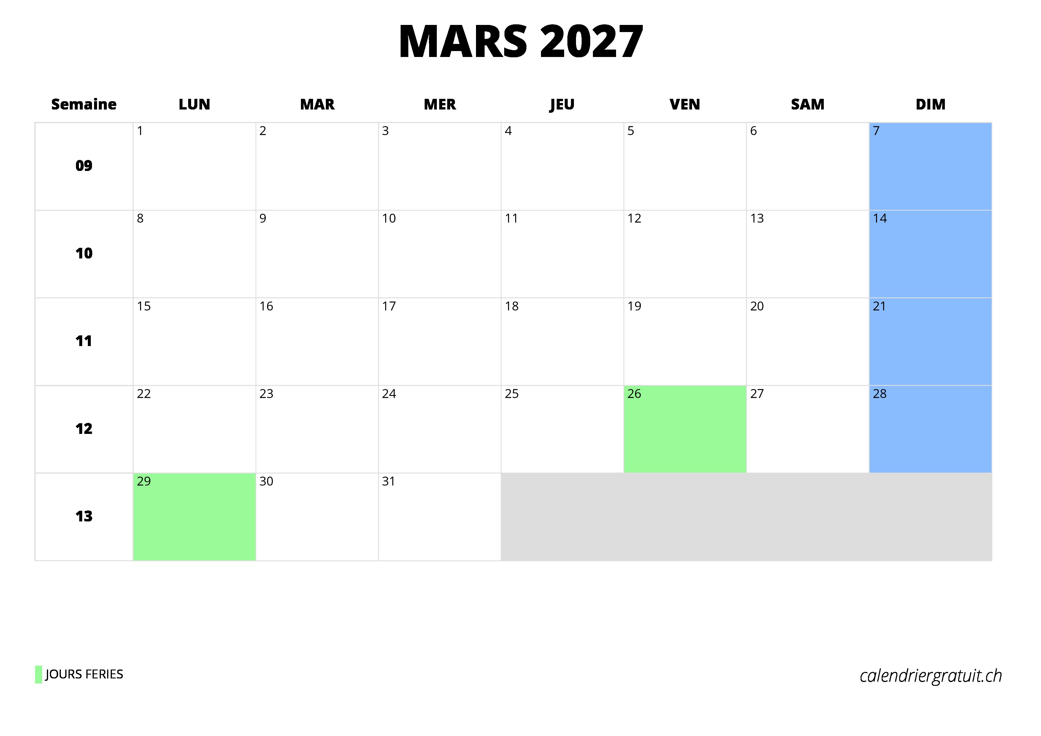 Calendrier Mars 2027 Calendriergratuit ch Calendrier Mars 2027 Calendriergratuit ch
