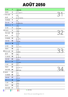 calendrier août 2050 au format portrait pour prendre des notes