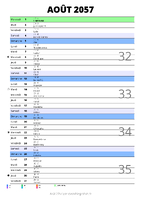 calendrier août 2057 au format portrait pour prendre des notes