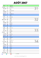 calendrier août 2067 au format portrait pour prendre des notes