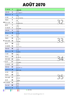 calendrier août 2070 au format portrait pour prendre des notes