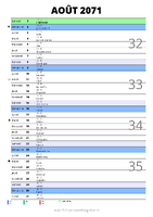 calendrier août 2071 au format portrait pour prendre des notes