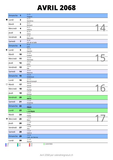 calendrier avril 2068 au format portrait pour prendre des notes