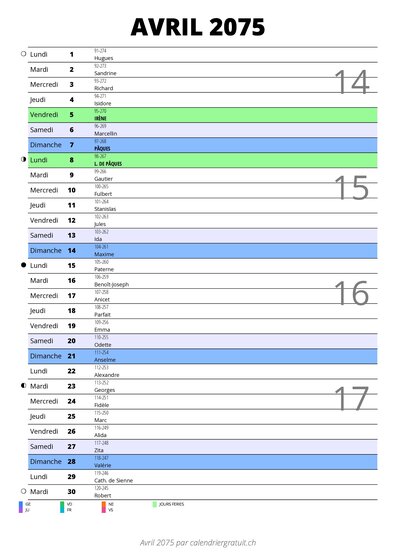 calendrier avril 2075 au format portrait pour prendre des notes