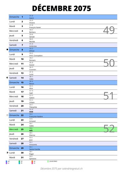 calendrier décembre 2075 au format portrait pour prendre des notes