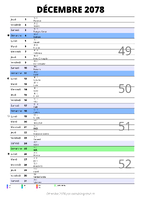 calendrier décembre 2078 au format portrait pour prendre des notes