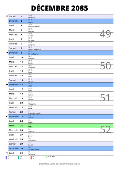 calendrier décembre 2085 au format portrait pour prendre des notes