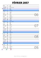 calendrier février 2057 au format portrait pour prendre des notes