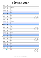calendrier février 2067 au format portrait pour prendre des notes
