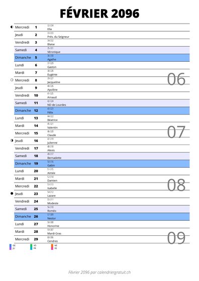 calendrier février 2096 au format portrait pour prendre des notes