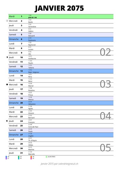 calendrier janvier 2075 au format portrait pour prendre des notes