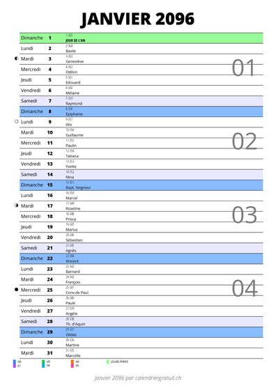 calendrier janvier 2096 au format portrait pour prendre des notes