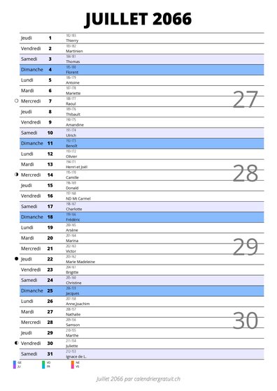 calendrier juillet 2066 au format portrait pour prendre des notes