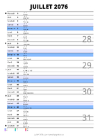 calendrier juillet 2076 au format portrait pour prendre des notes