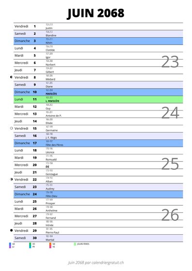 calendrier juin 2068 au format portrait pour prendre des notes