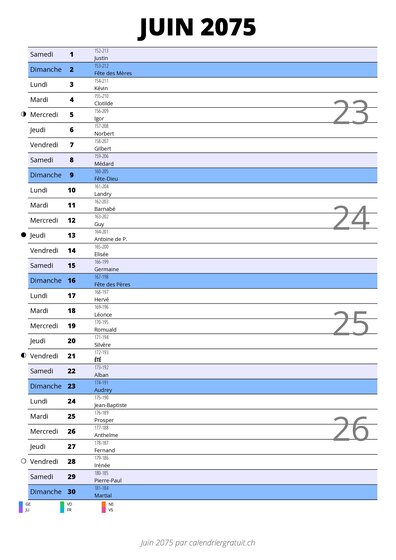 calendrier juin 2075 au format portrait pour prendre des notes