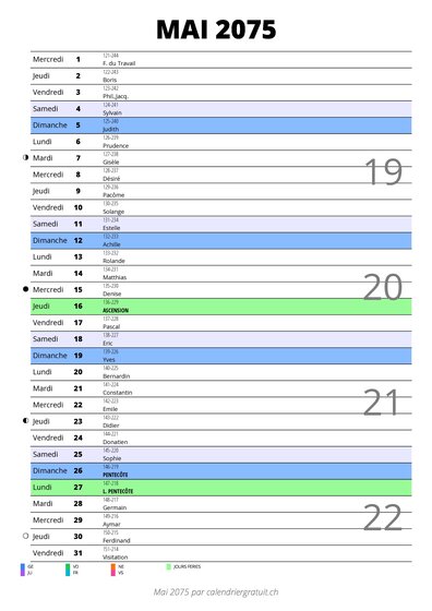 calendrier mai 2075 au format portrait pour prendre des notes