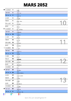 calendrier mars 2052 au format portrait pour prendre des notes