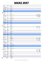 calendrier mars 2057 au format portrait pour prendre des notes