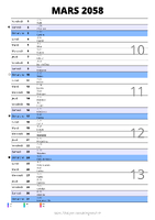 calendrier mars 2058 au format portrait pour prendre des notes