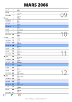calendrier mars 2066 au format portrait pour prendre des notes