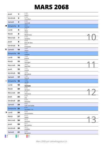 calendrier mars 2068 au format portrait pour prendre des notes