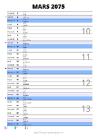 calendrier mars 2075 au format portrait pour prendre des notes