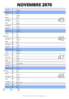 calendrier novembre 2070 au format portrait pour prendre des notes