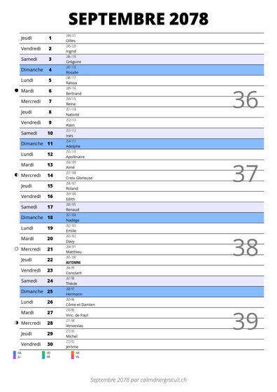 calendrier septembre 2078 au format portrait pour prendre des notes