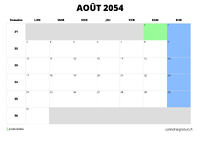 calendrier août 2054 au format paysage