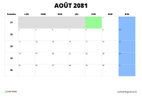 calendrier août 2081 au format paysage