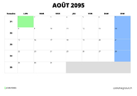 calendrier août 2095 calendrier août 2095 au format paysage