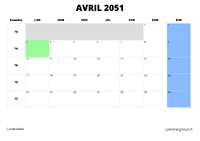 calendrier avril 2051 au format paysage