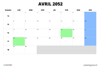 calendrier avril 2052 au format paysage