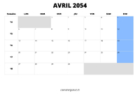 calendrier avril 2054 au format paysage