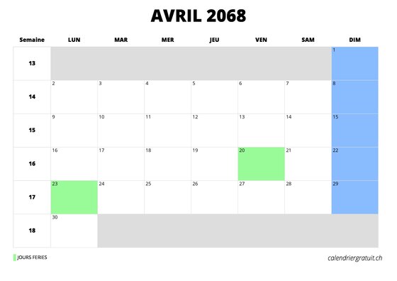 calendrier avril 2068 calendrier avril 2068 au format paysage