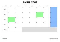calendrier avril 2069 au format paysage
