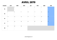 calendrier avril 2070 calendrier avril 2070 au format paysage