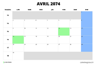 calendrier avril 2074 au format paysage