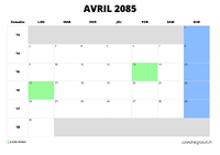 calendrier avril 2085 au format paysage