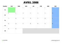 calendrier avril 2086 calendrier avril 2086 au format paysage
