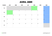 calendrier avril 2089 au format paysage
