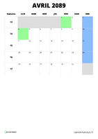 calendrier avril 2089 format portrait