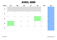 calendrier avril 2090 calendrier avril 2090 au format paysage