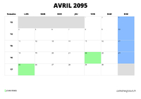 calendrier avril 2095 au format paysage