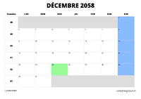 calendrier décembre 2058 au format paysage