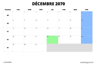 calendrier décembre 2070 au format paysage