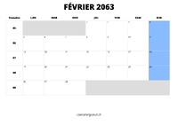 calendrier février 2063 au format paysage