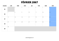 calendrier février 2067 au format paysage