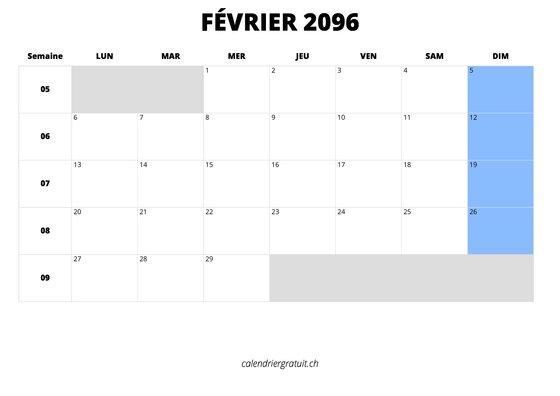 calendrier février 2096 calendrier février 2096 au format paysage